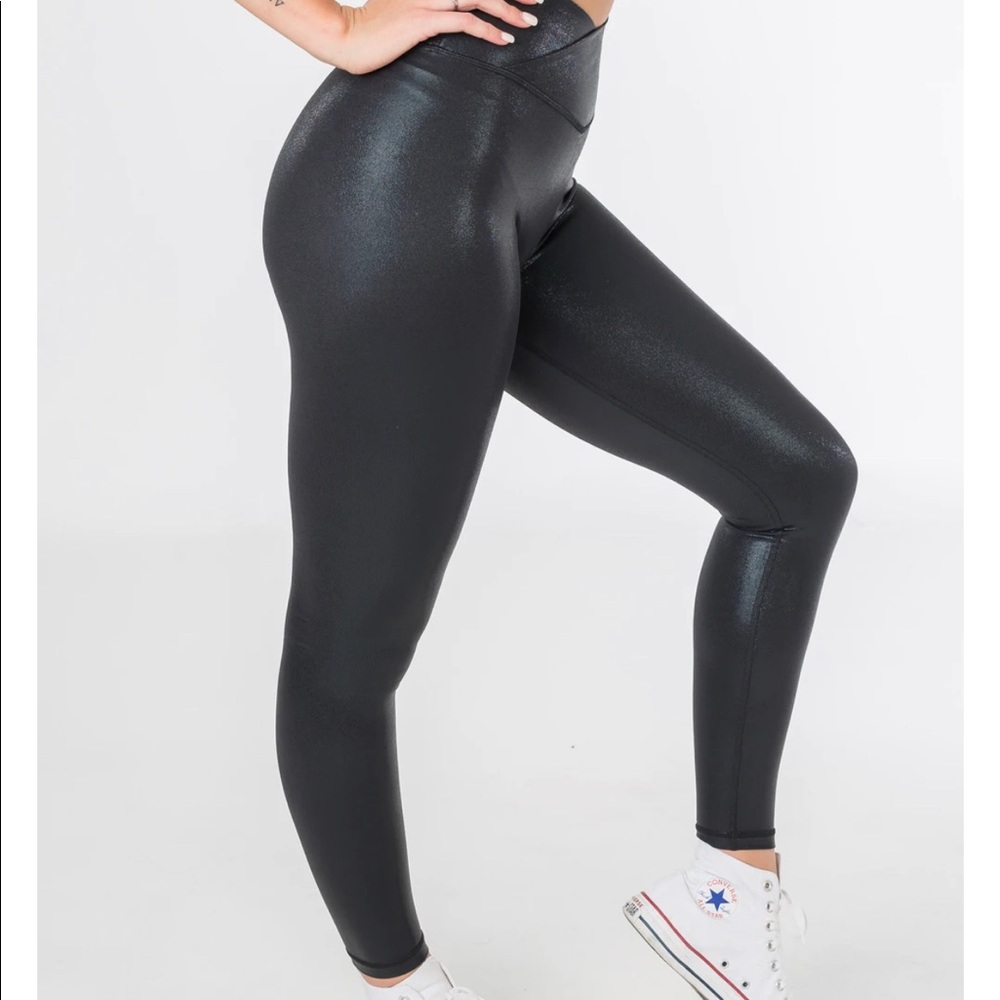 Curves n Combat Boots - Black shimmer leggings